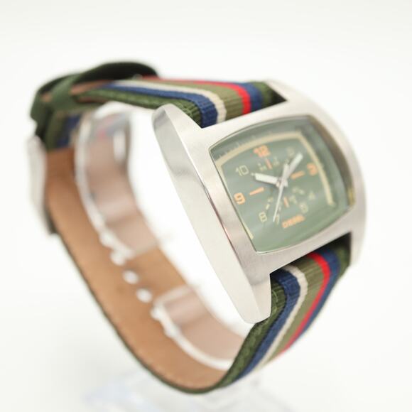 Diesel Mens Army Green Tonneau 44mm Watch Leather Nylon Strap DZ2057 New Battery - Picture 9 of 15